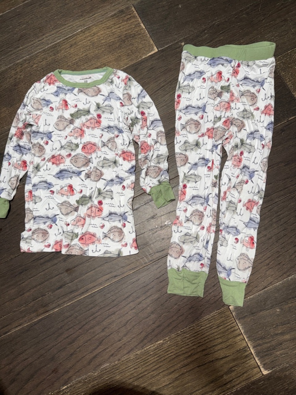 Kids Fish Print Pajama Set with Green Trim